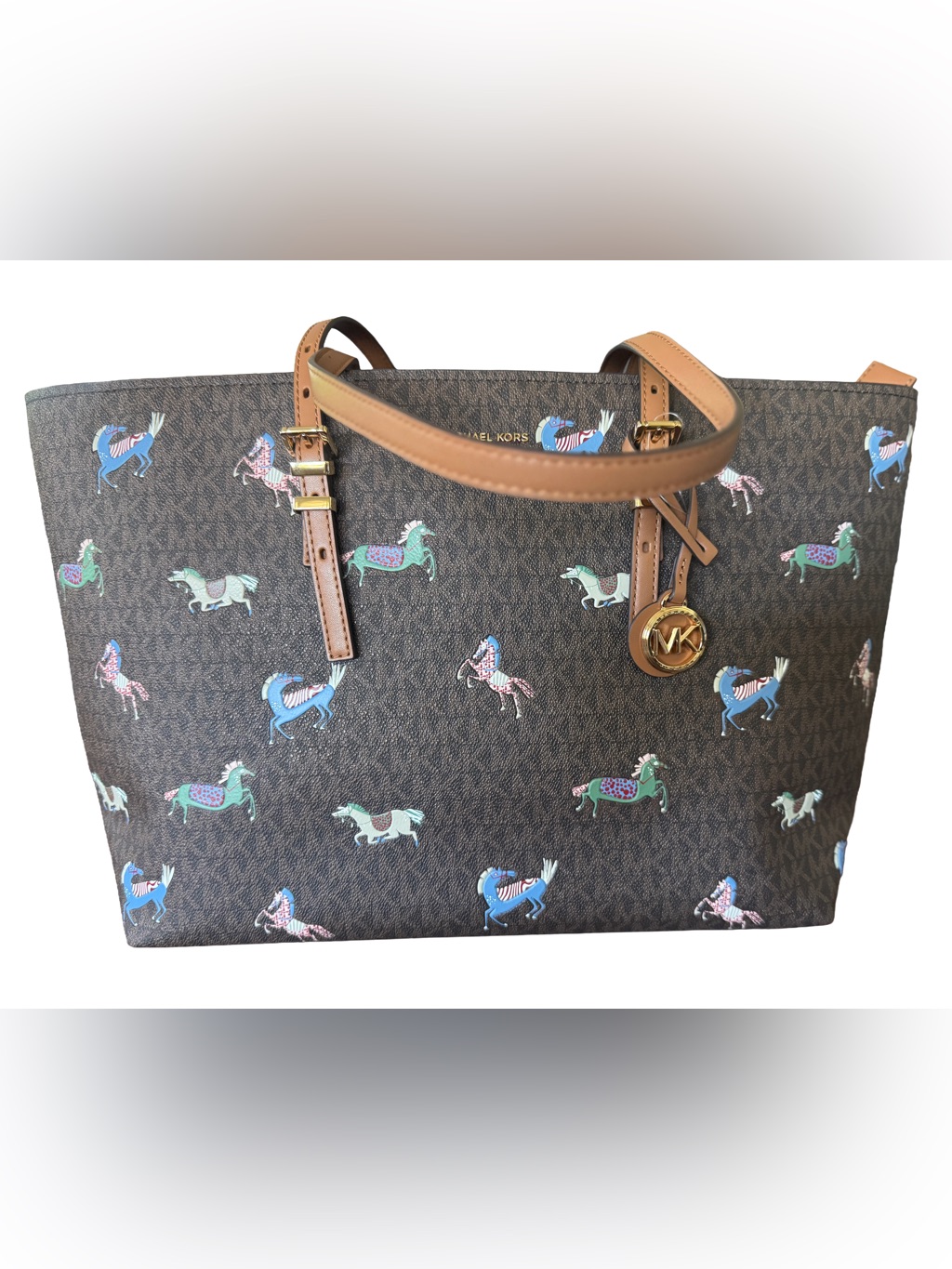 Michael Kors Brown Logo Tote With Multicolor Horse Print